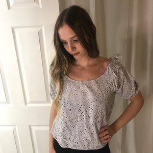 Zara Crop Top Ruffle Pinstripe Eyelet Blouse White
